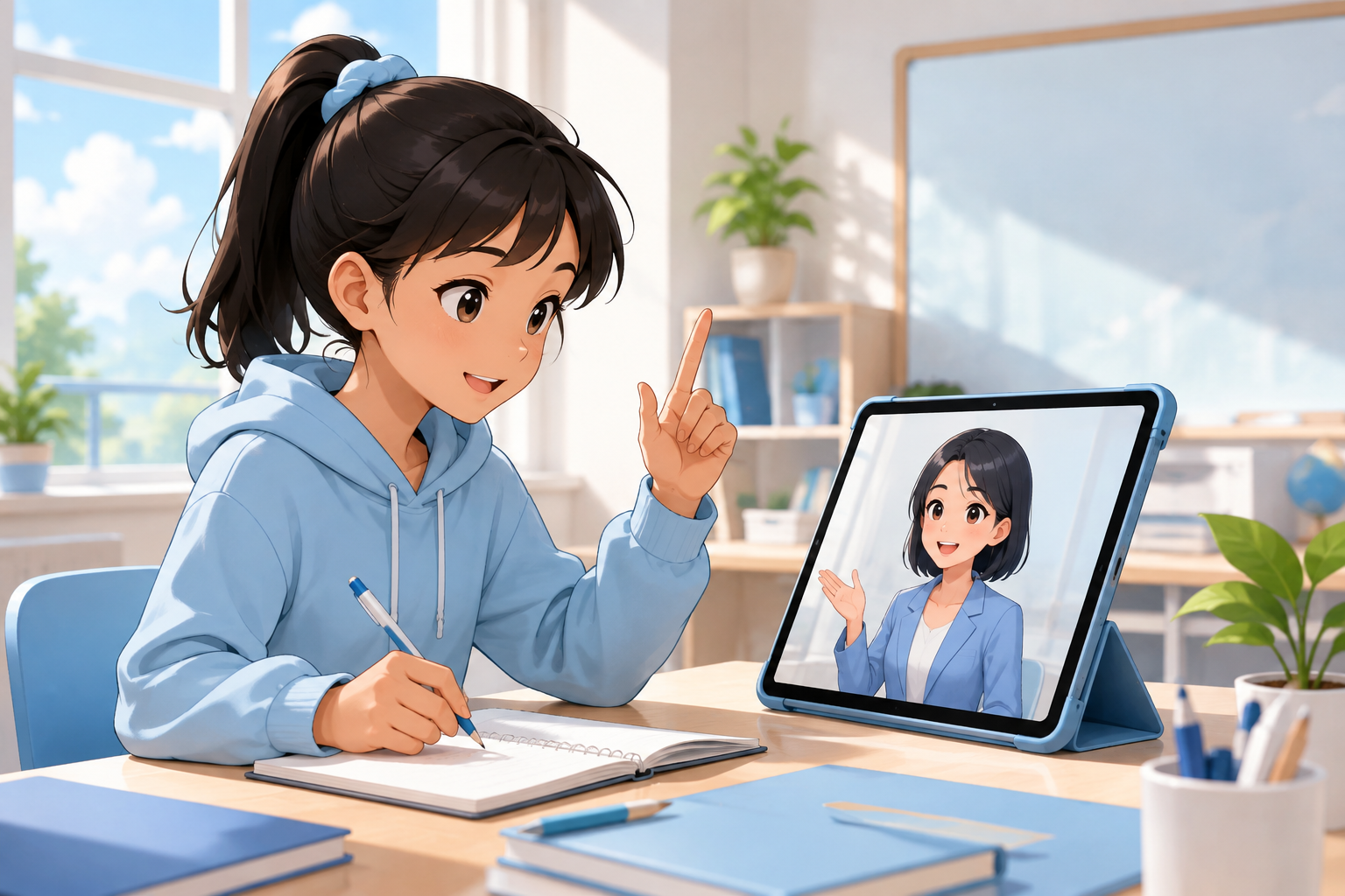 ノートを取りながらアバターで学習する学生