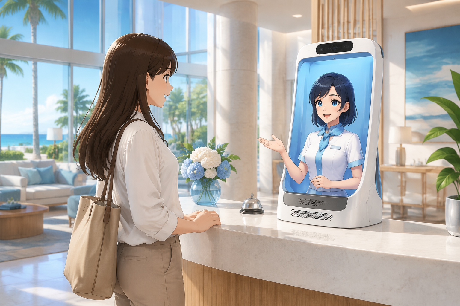 ホテルの受付でアバターを使って案内する様子